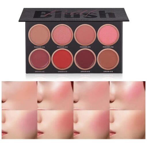 8 Colors Face Blush Palette,4 Color Mineral Blush Powder & 4 Color Cream Blusher, Matte & Shimmer Finishes Color from light to dark for Cheek and Eye Makeup, Long Wearing, Lightweight