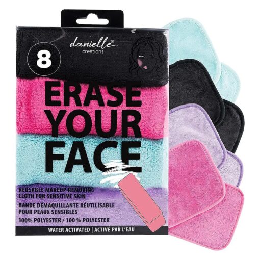 ERASE YOUR FACE Erase Your Face Make Up Removing Cloths, black, blue, pink, purple ( 8 count )