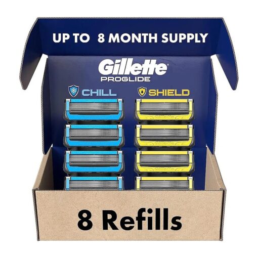 Gillette Mens Razor Blade Refills, 4 ProGlide Chill Cartridges, 4 ProGlide Shield Cartridges, Shields against Skin Irritation, Cools to sooth skin, 8 Count ( Pack of 1 )