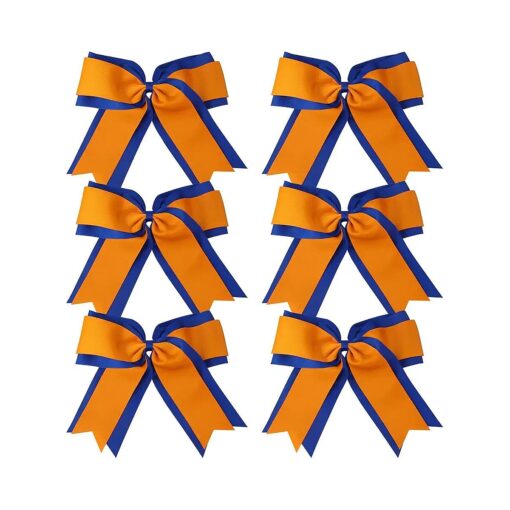 8 Inch 2 Colors 2 Layers 6 Pcs Jumbo Cheerleader Bows Ponytail Holder Cheerleading Bows Hair Elastic Hair Tie for High School College Cheerleading ( Royal Blue/Orange )