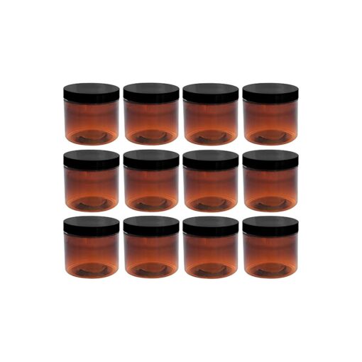 Aromine 8oz Amber Plastic Jars with Blank Labels ( BPA Free PET Plastic ) ( 12 Count )