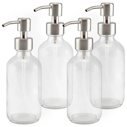 Cornucopia Brands 8-Ounce Clear Glass Boston Round Bottles w/Stainless Steel Lotion Pumps ( 4-Pack ) ; Empty Refillable Liquid Soap & Lotion Bottles