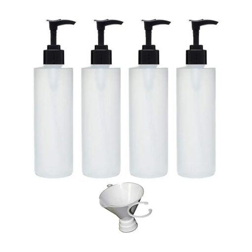 Four Pack Of Refillable 8 Oz, HDPE Plastic Pump Bottles With Patented Screw On Funnel-Great For Dispensing Lotions, Shampoos and Massage Oils .