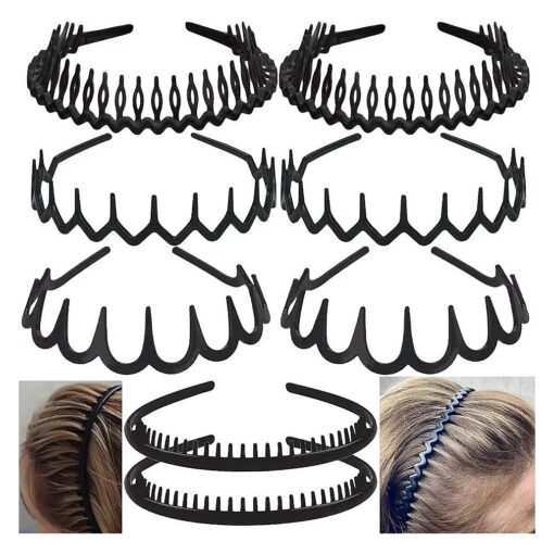 8 PCS Fashion No Slip Effortless Plastic Headbands with Teeth Comb Black Skinny Hair Bands for Women Men Teen Girls, Matte Black