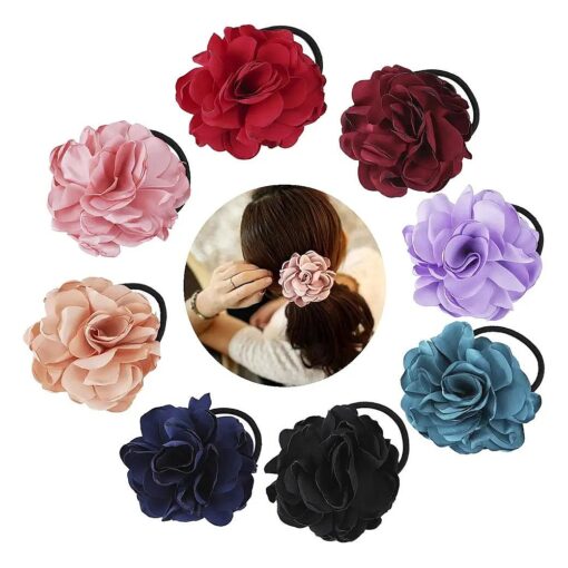 Lawie 8 Pack Colorful Handmade Camellia Flower Hair Ties Floral Hair Bows Elastics Rubber Bands Fancy Hair Flowers Ribbons Headband Ring Scrunchies Ponytail Holders Decorative Accessories for Women