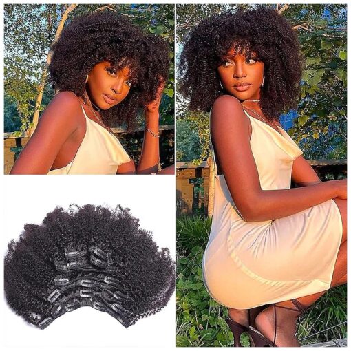 Kabadu 8pcs 120g/set Afro Kinky Curly Clip In Human Hair For Black Women Hair Extension 4B 4C Brazilian Virgin Human Hair Clip Ins for African American Natural Black Color 8 Inch