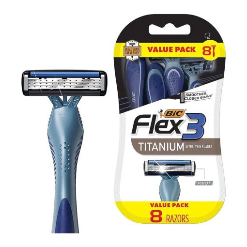 BIC Flex 3 Titanium Men 's Disposable Razors With 3 Blades, Ideal Razor For Face and Body Shaving, 8 Piece Razor Kit for Men