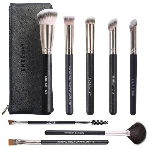 ENERGY Makeup Brushes Premium Synthetic Foundation Powder Concealers Eye Shadows Mascara Eyeliner Brow Fan Blush Makeup Brush Set with PU Cosmetic Bag, Professional Make Up Kit Black 8 Pcs