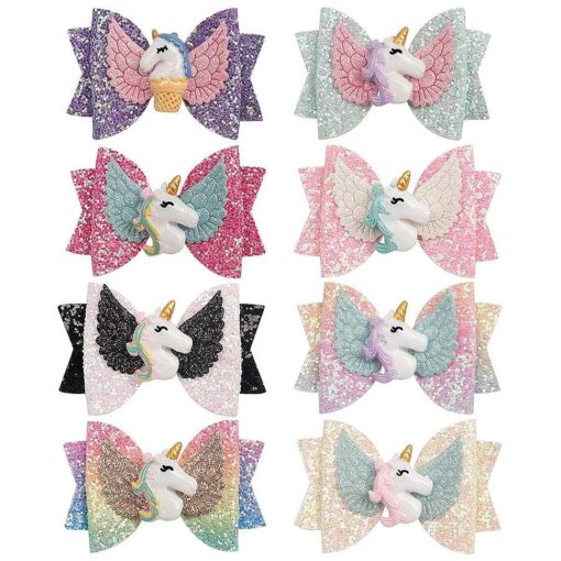 8pcs Unicorn Hair Bows for Girls, 3 Inch Girls Hair Bows, glitter bows, sparkly hair accessories, Glitter Grosgrain Ribbon with Alligator Clips Hair Accessories for Toddler Girls