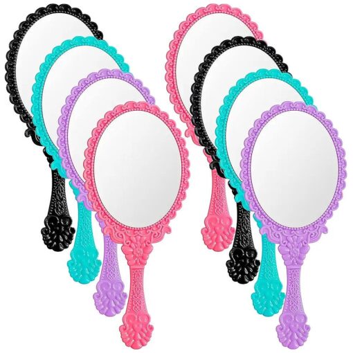 8 Pieces Vintage Handheld Mirror Retro Hand Held Mirror Face Vintage Hand Mirror Oval Mirror with Handle Portable Antique Makeup Mirror for Women Girl Travel ( Black, Pink, Purple, Green )