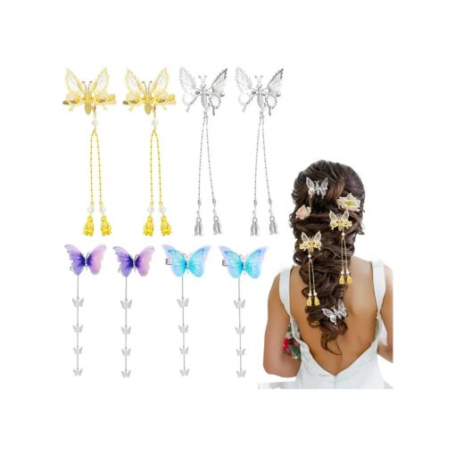 8 Pieces Tassel Butterfly Hair Clips Fabric Butterflies Hair Barrettes and Metal Hairpins with Hollow Vibratable Moving Wing Hair Pins Cute Barrettes Accessories for Girls Teens Women