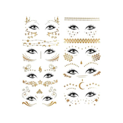 Konsait 8 Sheets Face Tattoo Sticker Metallic Temporary Transfer Tattoo Waterproof Face Jewels for Women Girls Make Up Dancer Costume Parties, Shimmer Glitter Gold Tattoos, Scale Tears Butterfly Freckl