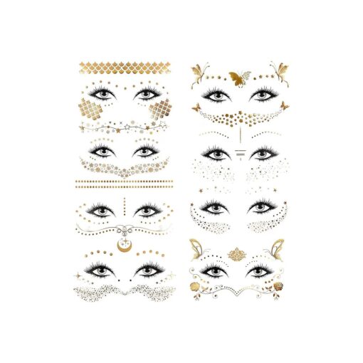 Konsait 8 Sheets Face Tattoo Sticker Metallic Temporary Transfer Tattoo Waterproof Face Jewels for Women Girls Make Up Dancer Costume Parties, Shimmer Glitter Gold Tattoos, Butterfly Star Freckle Scale