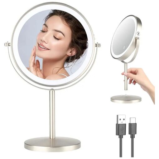 Desktop Magnifying Makeup Mirror with Lights, 8 inch Rechargeable Double Sided 1X/10X Vanity Mirror with 3 Colors Light, 360deg Smart Touch Lighted Makeup Mirror with Adjustable Brightness ( Nickel )