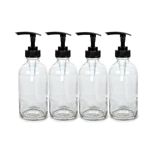 Vivaplex, 4, Large, 8 oz, Empty, Clear Glass Bottles with Black Lotion Pumps