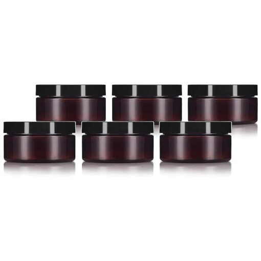 8 oz Amber Plastic Refillable Low Profile Jar with Black Lid ( 6 Pack )