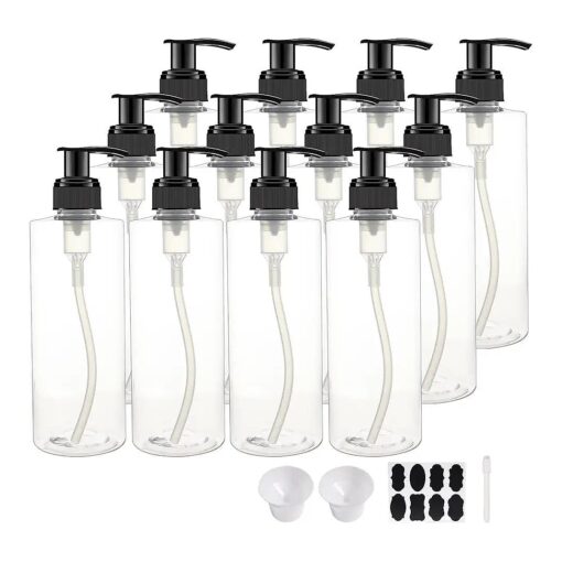 12 Pack 8 oz Plastic Pump Dispenser Bottles for Massage Oil, Shampoo, Lotions, Body Wash Pump Bottles, Cream Refillable Containers with Pump, 2 Funnel, 18 Chalk Labels