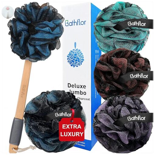 80g Loofah Sponge, Loofah Exfoliating Body Scrubber for Bath Wash, 4 Extra Large 80g Soft Loofa Pouf, 1 Long Handle Curved Luffa on a Stick, 1 Shower Hook, Body Scrub for Men & Women ( Charcoal )