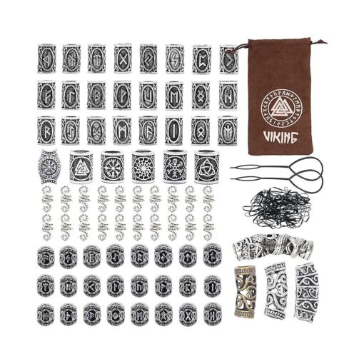 Modpion 81Pcs Hair Tube Beads Norse Vikings Runes Hair Beard Beads for Bracelets Pendant Necklace DIY, Braiding Beads for Hair Braids Viking Beads Kits ( Include 2Pcs Pull Hair Pin & Viking Suede Bag )