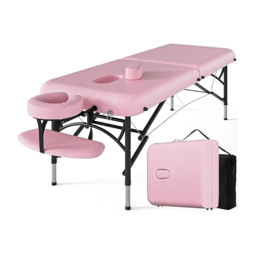 CLORIS 84" Professional Massage Table Portable 2 Folding Lightweight Facial Salon Spa Tattoo Bed Height Adjustable with Carrying Bag & Aluminium Leg Hold Up to 1100LBS Pink