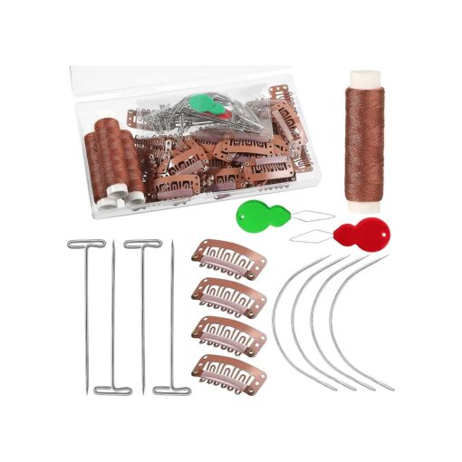 WILLBOND 85 Pieces Hair Extensions Clip Wig Making Set, Includes 50 U-Shape Snap Clips, 10 Curved Needles, 20 T-Pins, 3 Rolls Weaving Thread, 2 Needle Threader for Wig Making Hair Extensions ( Brown )