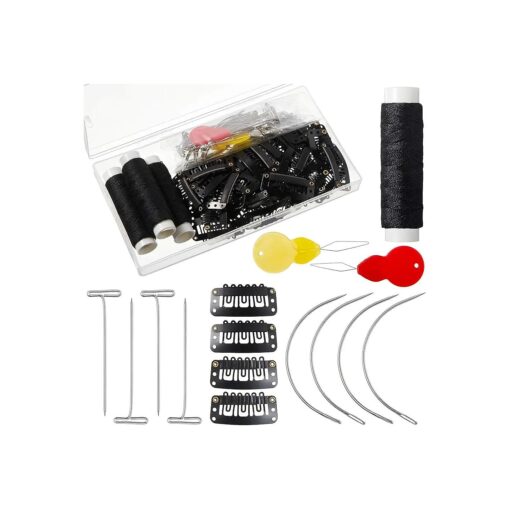 WILLBOND 85 Pieces Hair Extensions Clip Wig Making Set, Includes 50 U-Shape Snap Clips, 10 Curved Needles, 20 T-Pins, 3 Rolls Weaving Thread, 2 Needle Threader for Wig Making Hair Extensions