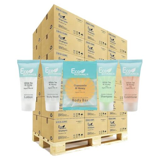 Eco Botanics Hotel Soaps & Toiletries Bulk Set | 0.85oz Hotel Shampoo & Conditioner, Body Wash, Body Lotion & Bar Soap Travel Size | Half Pallet, 36 cases with 300 units each - 10,800 pieces