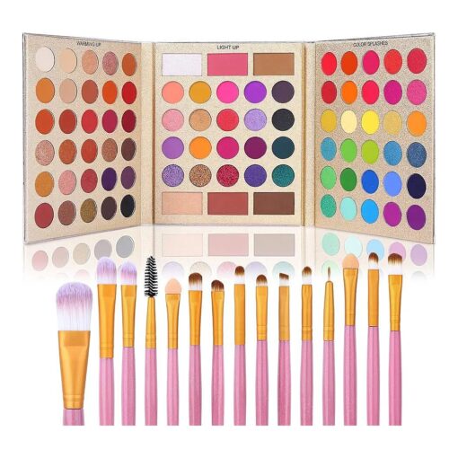 UCANBE Professional 86 Colors Eyeshadow Palette with 15pcs Makeup Brushes Set Matte Glitter Long Lasting Highly Pigmented Waterproof Contour Blush Powder Highlighter All in One