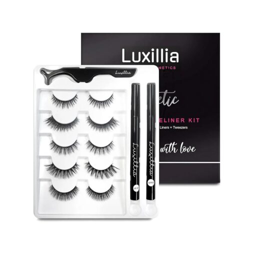 Luxillia ( Clear + Black ) Magnetic Eyeliner with Eyelashes Kit - Free Applicator Tool, 8D Most Natural Look Eyelash No Magnets Needed - Best Reusable False Eye Lash, Waterproof Liner Pen and Lashes