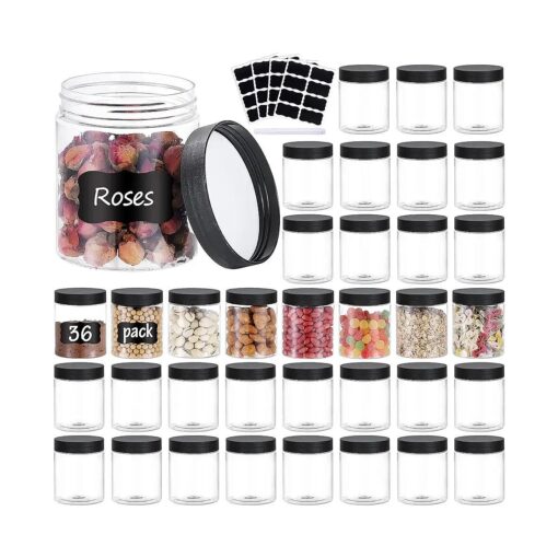 36PCS 8OZ Plastic Jars with Screw On Lids, Pen and Labels Refillable Empty Round Slime Cosmetics Containers for Storing Dry Food, Makeup, Slime, Honey Jam, Cream, Butter, Lotion ( Black )