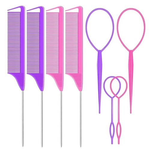 Parting Comb Braiding Comb - Hair Pull Through Tool Set 8 PCS Pony Tail Hair Tool Hair Tools for Styling Topsy Tail Hair Tool Hair Styling Tools Hair Loop Styling Tool Hair Accessories for Women