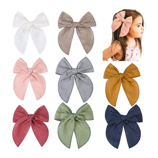 DEEKA 8 PCS Large Fable Cotton Linen Hair Bow for Toddlers Girls Handmade Neutral Hair Accessories for Little Girls Kids