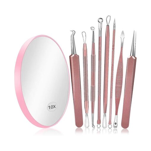 Blackhead Remover Tools, IKOCO 10PCS Stainless Steel Pimple Popper Tool Kit Including a 10X Blackhead Mirror, 8pcs Comedone Extractors and a Leather Bag, Rose Gold