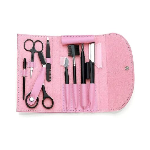 8PCS/SET Eyebrow Shaping Grooming Kit, Eyebrow Scissors, Eyebrow Pencil, Eyebrow Brush Trimmer, Brush, Beauty Tools Set with Leather Bag ( pink )