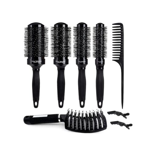 8Pcs Round Brush for Blow Drying, Ceramic Ion Thermal Barrel Brush, 4 Different-Sized Round Hair Brush and Curved Vented Boar Bristle Brush, Round Brush Set for Straightening, Add Volume & Shine