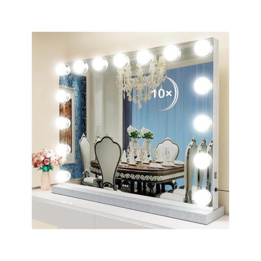 Vanity Mirror with Lights, 22.8WX18.2L Tabletop Hollyhood Makeup Mirror with USB & Type-C Charing, Hollywood Lighted Mirror with 15 Dimmable LED Bulbs, Touch Control, Metal Frame, Silver