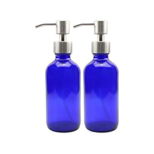 Cornucopia 8oz Cobalt Blue Glass Bottles w/Stainless Steel Pumps ( 2 pack ), Boston Round Bottles for Essential Oils, Lotions and Liquid Soap