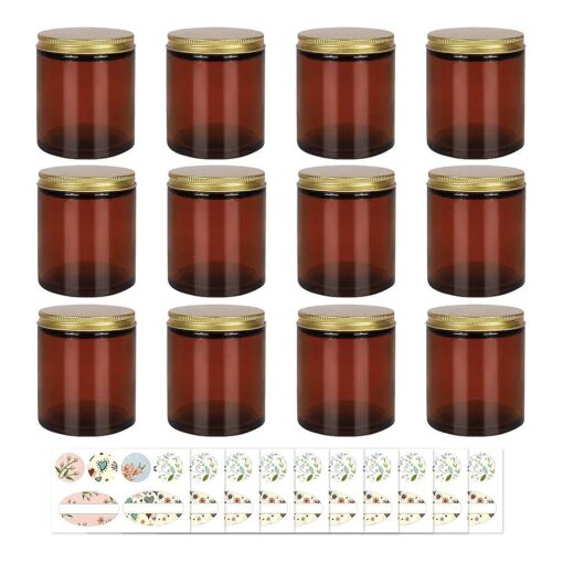 12 Pack 8oz Amber Round Glass Jars - Empty Cosmetic Containers, Glass Sample Jars with labels For Slime, Beauty Products, Cosmetic, Lotion, Powders and Ointments ( Gold )