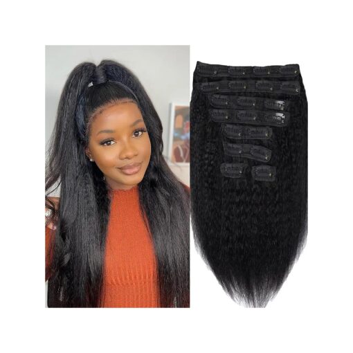 Kinky Straight Clip in Hair Extensions Real Human Hair for Black Women Full Head 8A Brazilian Real Hair Yaki Human Hair Clip ins Natural Color 8pcs 20 Clips 100g/Set ( 14 inch )