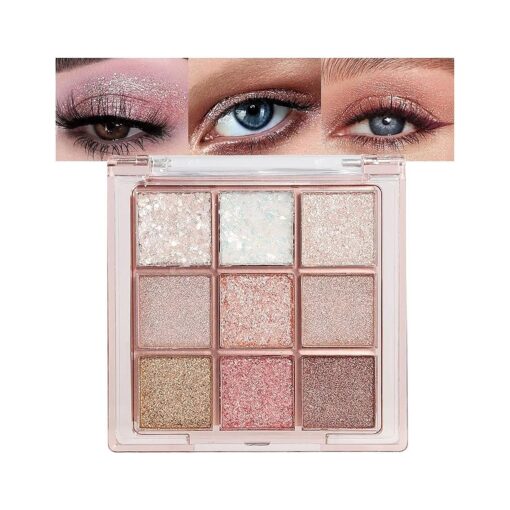 9Colors Glitter Eyeshadow Palette, Pink White Gold Glitter Shimmer Sparkly Eye Shadow Palette Makeup, Warm Pastel Eyeshadows Palette Long Lasting Waterproof Naturing-Looking Women Girls Eye Shadow