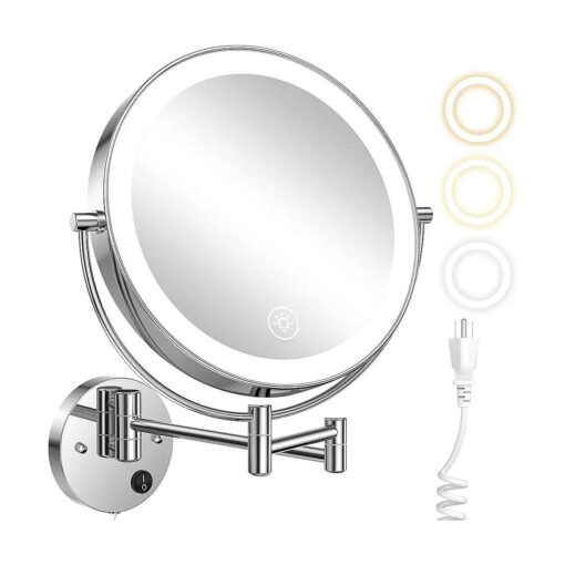 Wall Mounted Lighted Makeup Mirror - 9 Inch Large Double Sided 1X/10X Magnifying LED Vanity Mirror with 3 Color Lights & Stepless Dimming - 360degSwivel Extendable Bathroom Touch Sensor Cosmetic Mirror