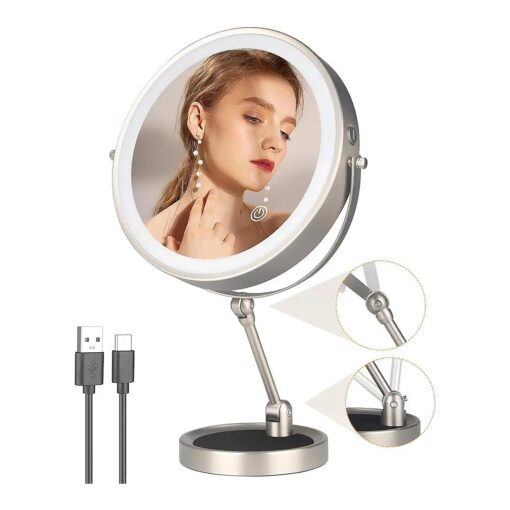 9 Inch lighted magnifying mirror with Adjustable Height, Double Side 1x/10x Magnifying Mirror with Light, 360degSwivel Vanity Mirror with Stand Brightness Adjustable Travel Cosmetic Mirror ( Nickel )