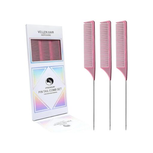 Vellen Hair Professional 9 Inch rat tail combs for hair stylists, PEI Material 430degF Heat Resistant and Antistatic, styling and highlighting,3 Pack ( Pink )