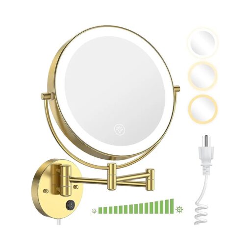 Wall Mounted Lighted Makeup Mirror - 9 Inch Large Double Sided 1X/10X Magnifying LED Vanity Mirror with 3 Color Lights & Stepless Dimming - 360degSwivel Extendable Bathroom Touch Sensor Mirror - Gold