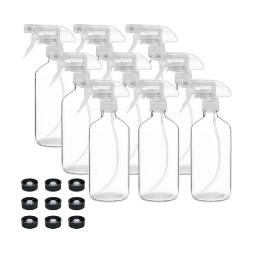 Suwimut 9 Pack Glass Spray Bottles, 16 Ounce Empty Clear Boston Round Bottle Refillable Container for Cleaning Solutions, Aromatherapy, Misting Plants