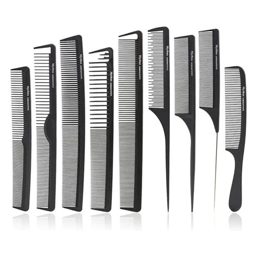 9pcs Carbon Fiber Stylist Combs Set, Anti Static Hair Cutting Comb Salon Styling Hairdressing Carbon Combs Rat Tail Comb for All Hair - Black