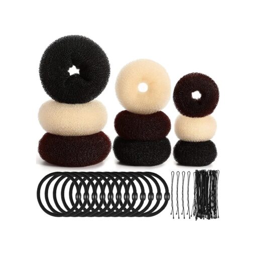 9 Pieces Donut Bun Maker Maker Hair Bun Maker Set Bun Maker Style Ring with 12 Pieces Elastic Hair Bands and 32 Pieces Hair Pins ( Black, Brown, Beige )