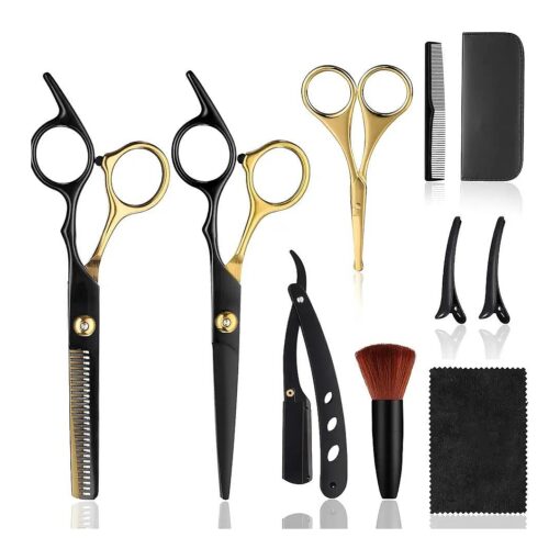 9 Pcs Sharp Hair Cutting Scissors Kit, Stainless-Steel 6.7" Barber Scissors Professional Set, Multifunctional Thinning Shears for Hair Cutting, Wigs Texturizing Tools for Women Men Home Salon ( Gold )