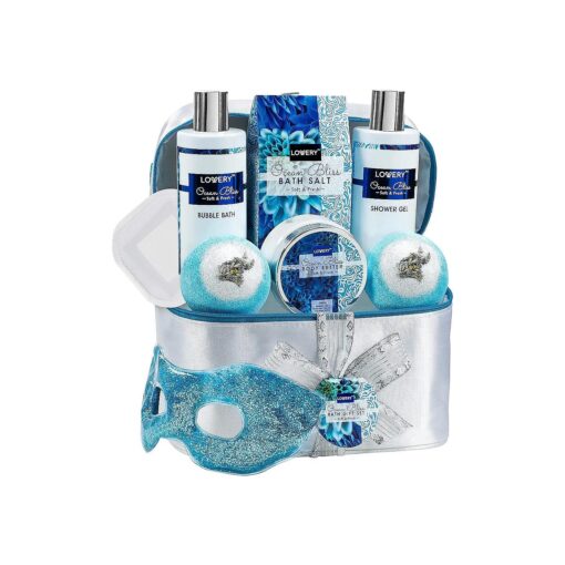 Fathers Day Gifts, Home Spa Gift Baskets For Women, Bath and Body Gift Bag, Ocean Bliss Spa Set - Glittery Reusable Hot & Cold Eye Mask, Body Lotion, 2 Ex-Large Bath Bombs, Travel Cosmetics Bag & More