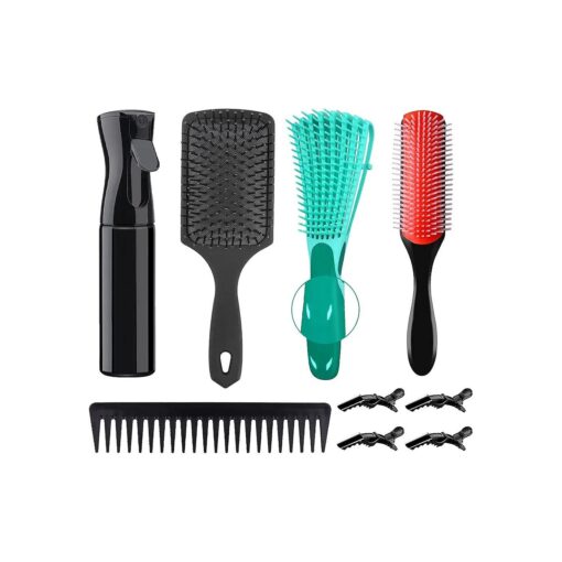 9 Pcs Detangling Brush Set, for Afro America/African Hair 3a to 4c Texture, with 9-Row Cushion Nylon Bristle Shampoo Brush, Detangler Hair brush, Air Cushion Comb, Wide Tooth Comb, Hair Spray Bottle